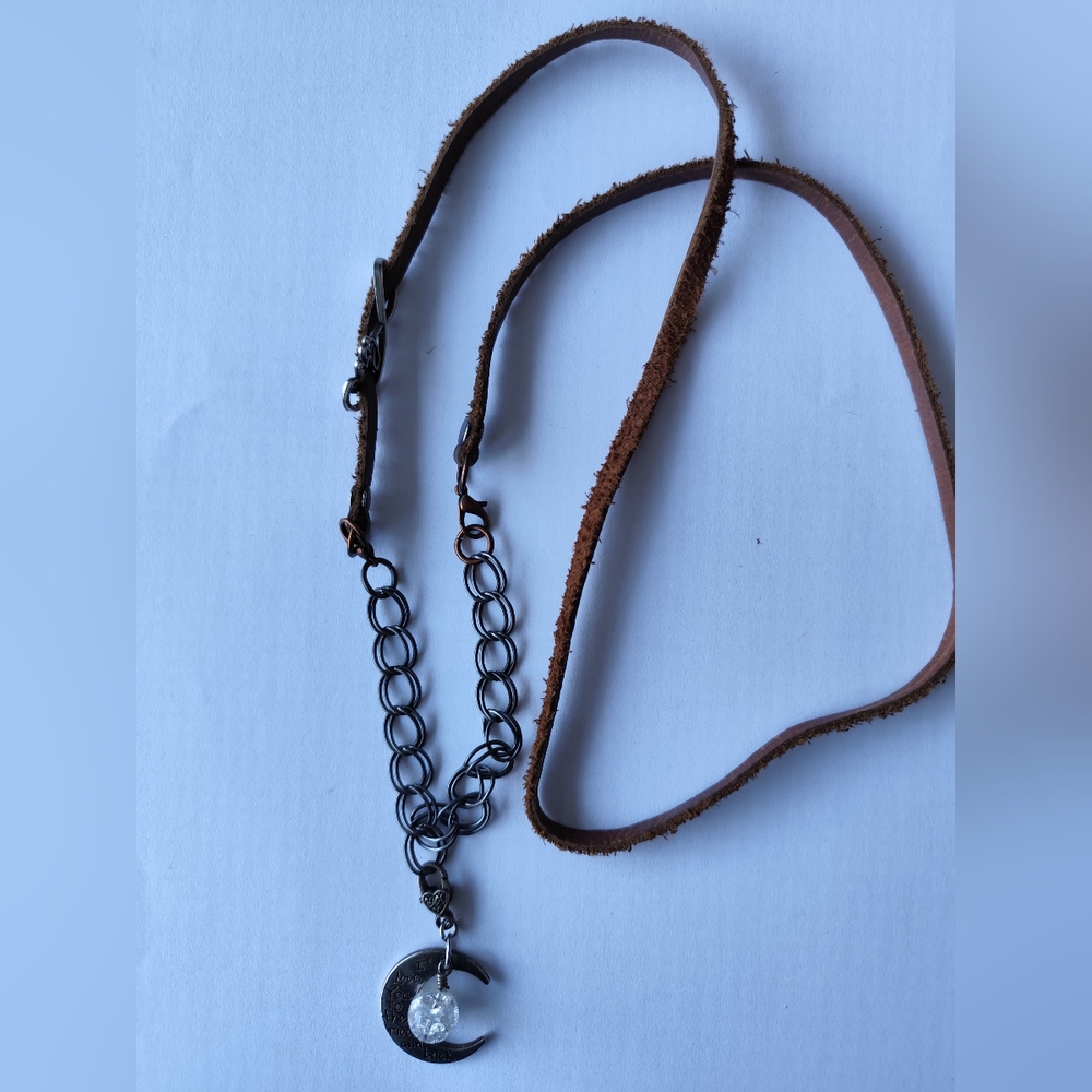 Brown Leather Chain Necklace with Crescent Moon